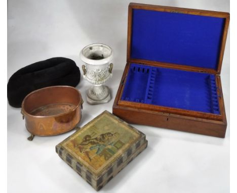 An early 20thC child's wooden block jigsaw, in fitted case, 8cm H, an oak vacant canteen, a copper planter, continental porce