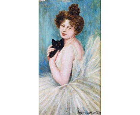 After Pierre Carrier-Belleuse. Ballerina with a black cat, over painted photographic print, 25cm x 14cm. 
