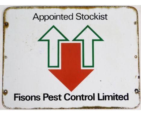 A 20thC enamel sign, Fisons Pest Control Limited Appointed Stockists, with arrow motif, in black lettering on a white ground,