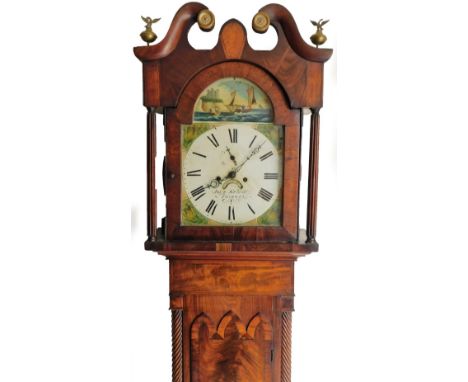 A 19thC mahogany longcase clock, the swan neck pedimented case held on fluted columns, above a shaped mitre topped half lengt
