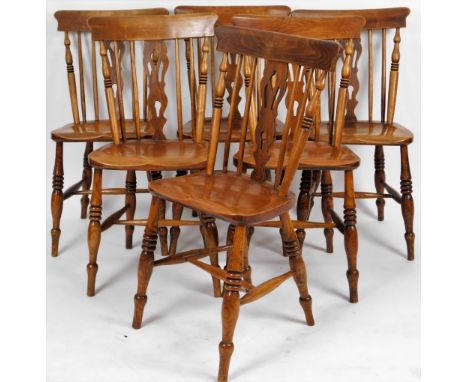 A set of six 19thC Lincolnshire elm, elm and birch Windsor country chairs, with comb cresting rails, pierced splats and tripl