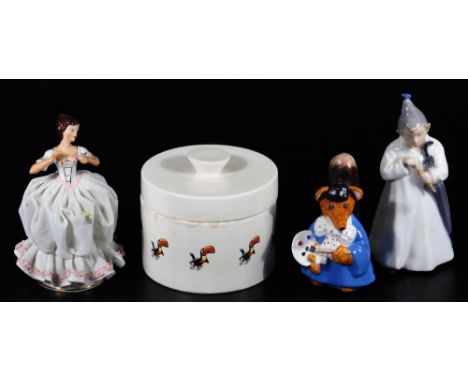 Various pottery, porcelain, etc, 20thC Dresden, crinoline figure of a lady, 12cm H, Coalport Basil Brush, Basil The Artist fi