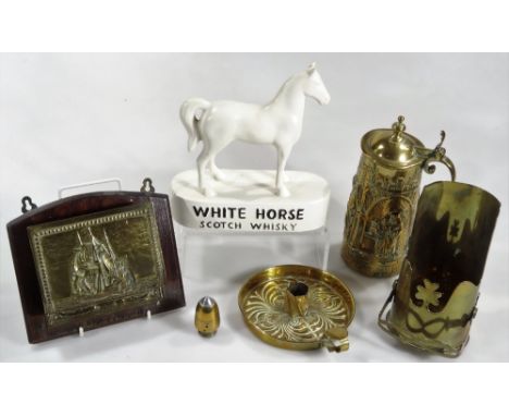 A White Horse Scotch Whisky pottery advertising figure, in black and white, marked beneath, 24cm H, various brassware, a WWI 