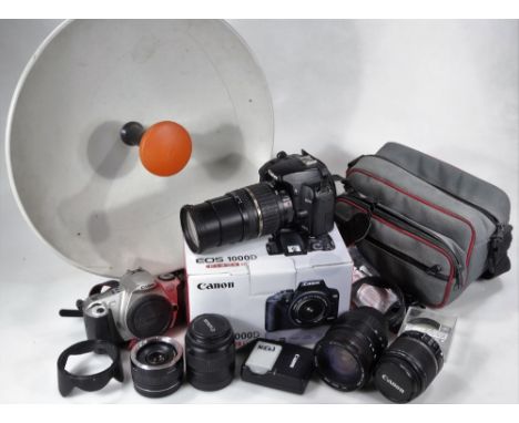 Various cameras and accessories, Canon and other lenses, to include Sigma 28-200mm, Zoom lens 18-55mm, various other Canon, E