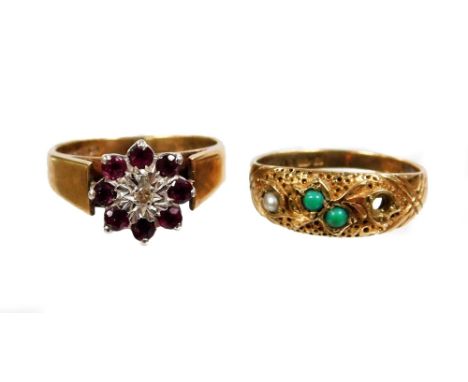 Two 9ct gold dress rings, comprising a floral cluster ring set with white and red stones, and a turquoise and seed pearl set 