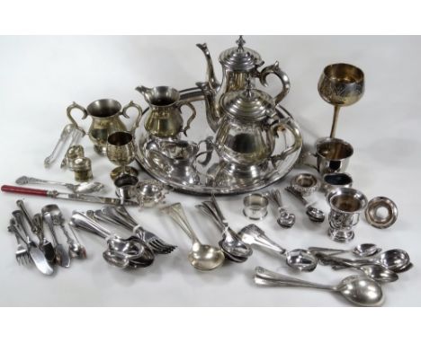 Various silver plated wares, circular tray, 28cm Dia., flatware, part service, etc. (a quantity)
