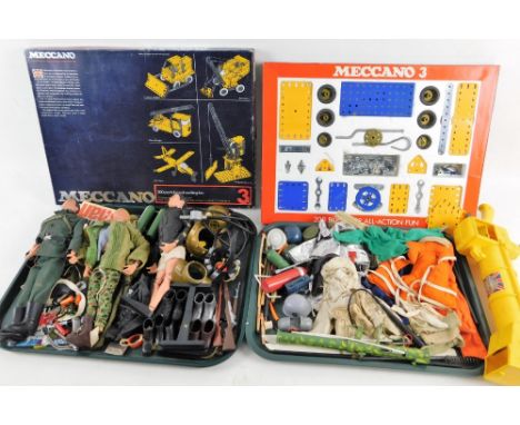 Various toys, games and accessories, Action Man, probably 1980s, to include three figures, 30cm H, etc., weapons, part boxes,