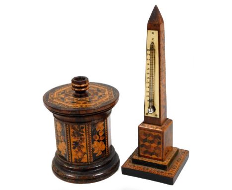 A 19thC Tunbridge ware obelisk thermometer, with ivory section to the front on a stepped base, 21cm H, and a 19thC Tunbridge 