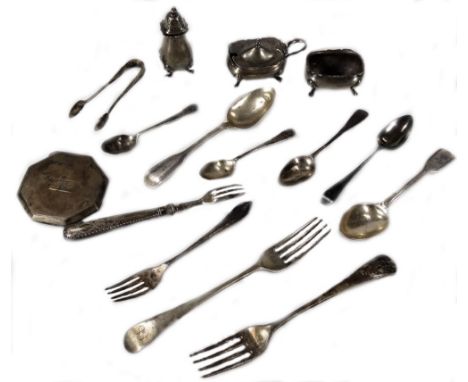 Various silver and related effects, flatware, part cruet, silver compact, 7cm W, etc, 13oz all in. (a quantity, various dates