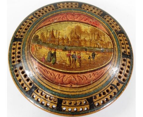 A 19thC boxwood miniature cribbage board, with screw top set with a scene of the Brighton Pavilion, with a Tunbridge style bo