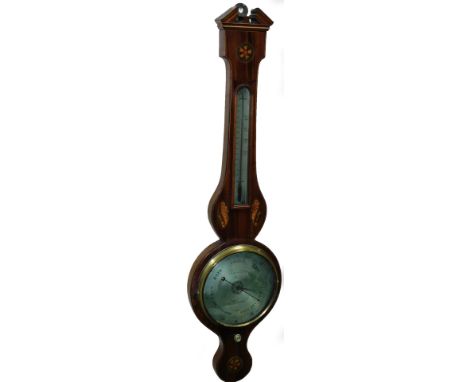 An Edwardian mahogany banjo barometer, the broken pedimented case set with a floral shell inlay, with thermometer and baromet