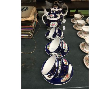 A VICTORIAN GAUDY WELSH COLUMBINE PATTERN PART TEASET TO INCLUDE A SUCRIER -SLIGHT DAMAGE - TEAPOT, SEVEN CUPS AND THREE SAUC