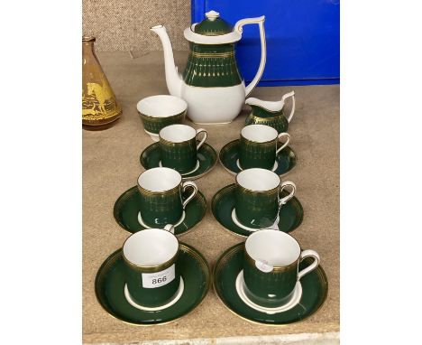 A SPODE 'ROYAL WINDSOR' GREEN AND GILT PATTERNED COFFEE SET TO INCLUDE COFFEE POT, CREAM JUG, SUGAR BOWL, CUPS AND SAUCERS 