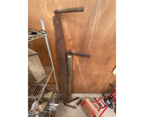 TWO VINTAGE WOODEN HANDLED CROSS CUT SAWS 