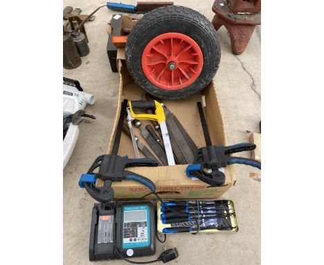 AN ASSORTMENT OF TOOLS TO INCLUDE A BATTERY CHARGER, FILES AND CLAMPS ETC 