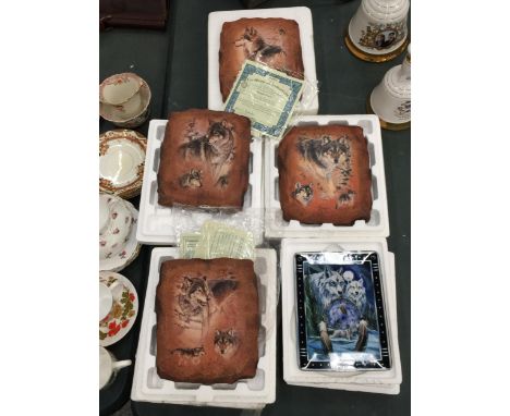 FOUR LIMITED EDITION 'RUGGED BEAUTY' WALL PLAQUES DEPICTING WOLVES PLUS A FRANKLIN MINT CERAMIC PLAQUE 'ON THE ARCTIC PATH' L
