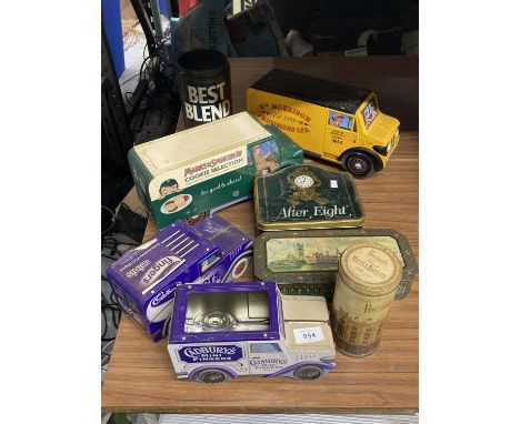 A QUANTITY OF VINTAGE TINS TO INCLUDE MORRISONS VANS, HARRODS TIN, CADBURYS, ETC 
