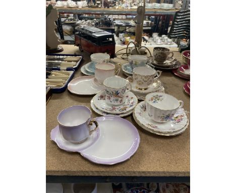 TWO ROYAL ALBERT 'RAINBOW' TENNIS PLATES AND CUPS, TWO AYNSLEY BLUE AND FLORAL TRIOS, HAMMERSLEY AND ROYAL WORCESTER TRIOS, E