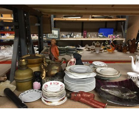 A LARGE QUANTITY OF CERAMICS TO INCLUDE BOWLS, PLATES, CHINA SAUCERS, FLOUR CANNISTER, CHALK FIGURE, JUGS, LARGE LABRADOR DOG