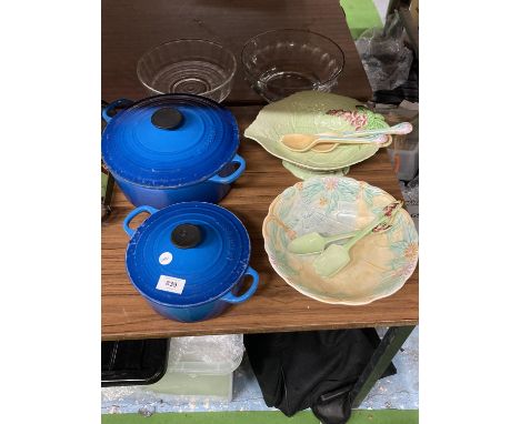 TWO 'LE CREUSET' CASSEROLE DISHES, SERVING BOWLS WITH CERAMIC SERVERS AND GLASS BOWLS 