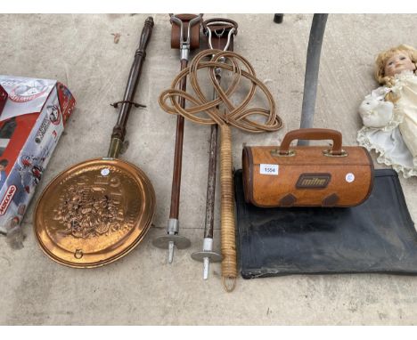 AN ASSORTMENT OF VINTAGE ITEMS TO INCLUDE A CARPET BEATER, STICK SEATS AND A BED WARMING PAN ETC 