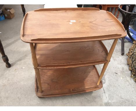 AN ERCOL ELM THREE TIER TROLLEY, 28X18" 