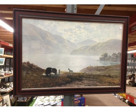 A FRAMED PRINT OF A SHEEPDOG ROUNDING UP A STRAY LAMB, THE LAMB, HAVING LOST IT'S MOTHER, IS OBVIOUSLY VERY SCARED BUT WILL S
