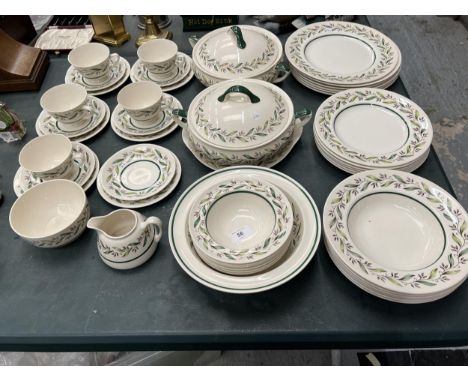 A ROYAL DOULTON 'ALMOND WILLOW' REG NO. 6373 DINNER SERVICE TO INCLUDE PLATES, TUREENS, DESSERT BOWLS, SERVING BOWL, CUPS, SA