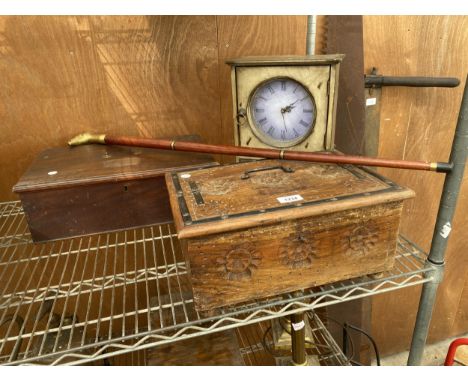 AN ASSORTMENT OF ITEMS TO INCLUDE TO WOODEN LIDDED BOXES, A CLOCK AND A WALKING STICK WITH BRASS EAGLE HEAD HANDLE 