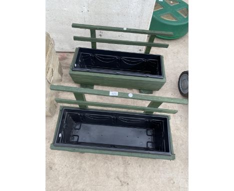 TWO WOODEN TROUGH PLANTERS WITH PLASTIC INSERTS 