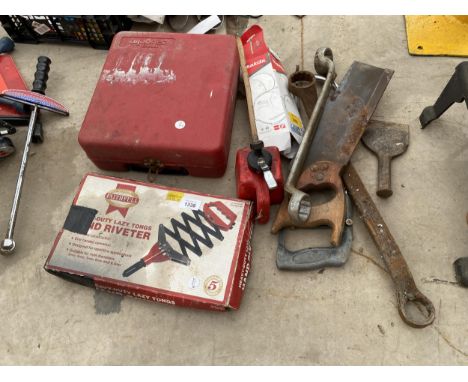 AN ASSORTMENT OF TOOLS TO INCLUDE A WOLF DRILL, SPANNERS AND A POT RIVOTER ETC 
