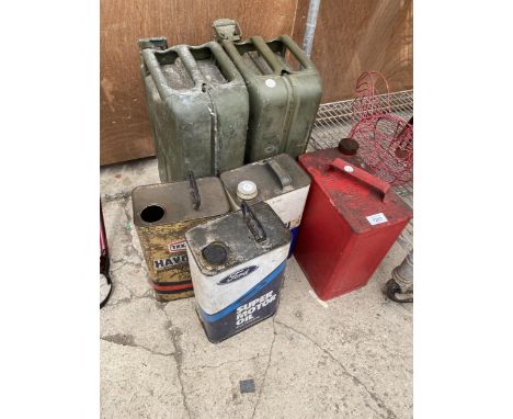 TWO VINTAGE METAL JERRY CANS, A VINTAGE FUEL CAN AND THREE OIL DRUMS TO INCLUDE FORD AND MOBIL ETC 