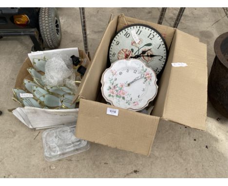 AN ASSORTMENT OF ITEMS TO INCLUDE CLOCKS AND LIGHT FITTINGS ETC 