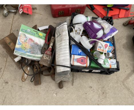 AN ASSORTMENT OF TOOLS AND HARDWARE TO INCLUDE LIGHT BULBS, TROWELS AND SHEEP SHEARS ETC 