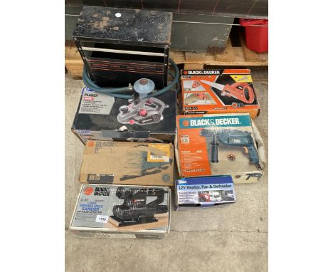 AN ASSORTMENT OF POWER TOOLS TO INCLUDE A BLACK AND DECKER SANDER, A BLACK AND DECKER DRILL AND A BLACK AND DECKER SCORPION S