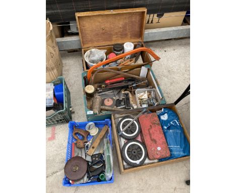 AN ASSORTMENT OF TOOLS AND HARDWARE TO INCLUDE G CLAMPS, SET SQUARES AND SAWS ETC 