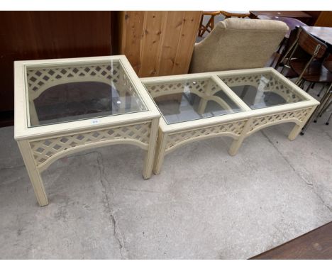 A MODERN WHITE GLASS TOP LAMP TABLE AND MATCHING COFFEE TABLE 