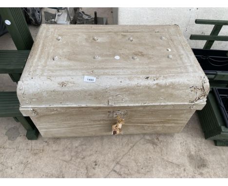 A VINTAGE METAL STORAGE TRUNK 