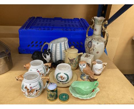 A QUANTITY OF CERAMIC ITEMS TO INCLUDE A BESWICK OWL, ETCDOG, CROWN DEVON BLUSH IVORY VASE, FOX AND HUNTSMAN JUGS AND BOWL, S