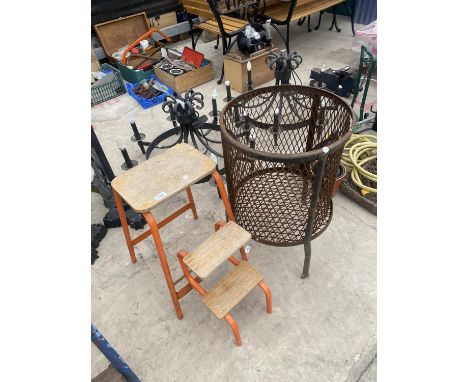 A RETRO KITCHEN STEP STOOL AND A METAL FIRE BIN 