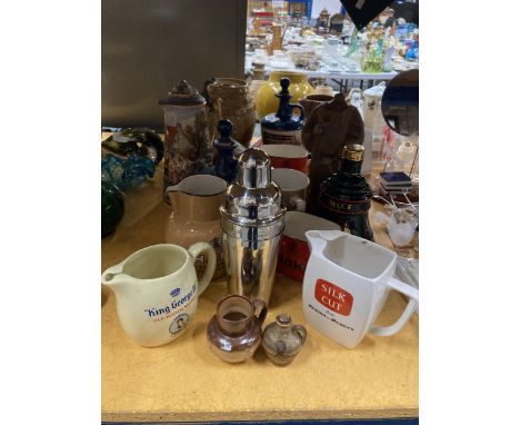 A QUANTITY OF BREWERY RELATED ITEMS TO INCLUDE CERAMIC BARRELS, WATER JUGS, LAMB'S NAVY RUM JUGS WITH STOPPERS, COCKTAIL SHAK