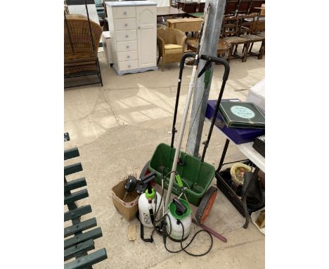 TWO GARDEN SPRAYERS, A SCOTTS GARDEN SEEDER AND A LONG REACH GARDEN LOPPER 