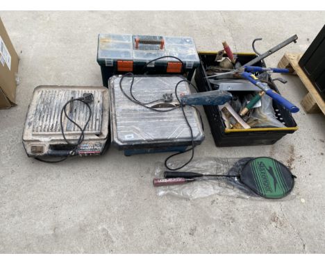 AN ASSORTMENT OF TOOLS TO INCLUDE TWO ELECTRIC TILE CUTTERS, SHEARS AND A TOOL BOX ETC 