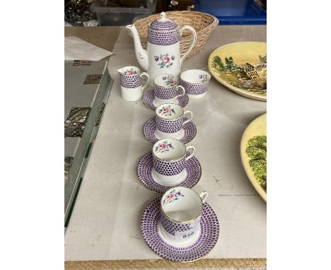 A NELSON CHINA PURPLE AND FLORAL COFFEE SET TO INCLUDE A COFFEE POT, CREAM JUG, SUGAR BOWL AND FOUR CUPS AND SAUCERS 