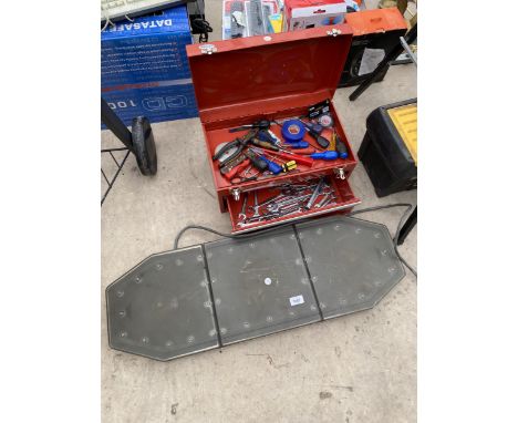 AN AUTOMOBILE ROOF LIGHT AND A TOOL BOX CONTAING SPANNERS AND SCREW DRIVERS ETC 