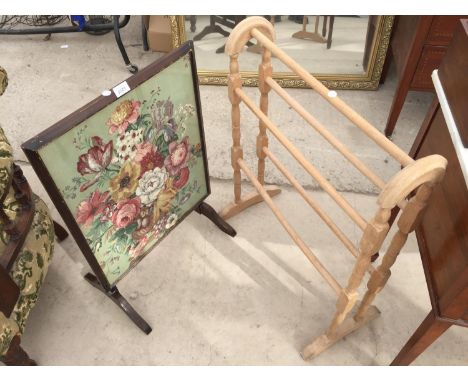 A PINE TOWEL RAIL AND A TAPESTRY FIRE SCREEN 