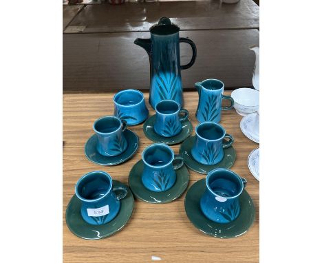 A BOULTON COFFEE SET IN AN AQUAMARINE COLOUR TO INCLUDE A COFFEE POT, CREAM JUG, SUGAR BOWL, SIX CUPS - 1 A/F AND SAUCERS 