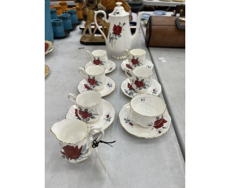 A ROYAL ALBERT 'SWEET ROMANCE' COFFEE SET TO INCLUDE A COFFEE POT, CREAM JUG, SUGAR BOWL, CUPS AND SAUCERS 