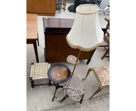 A WOVEN STOOL, A MAHOGANY WINE TABLE AND A RETRO STANDARD LAMP TABLE 