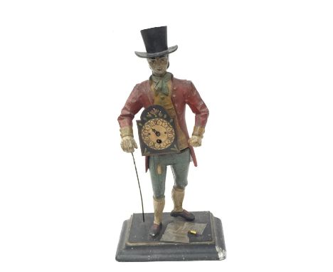 A VINTAGE CAST ALLOY FIGURE OF A DUTCH CLOCK SELLER H: 40CM 